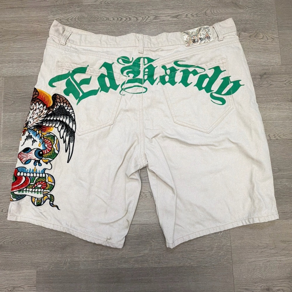 Ed Hardy Battle Skull Denim Shorts Mens 38 Y2K Skater Embroidered Tattoo